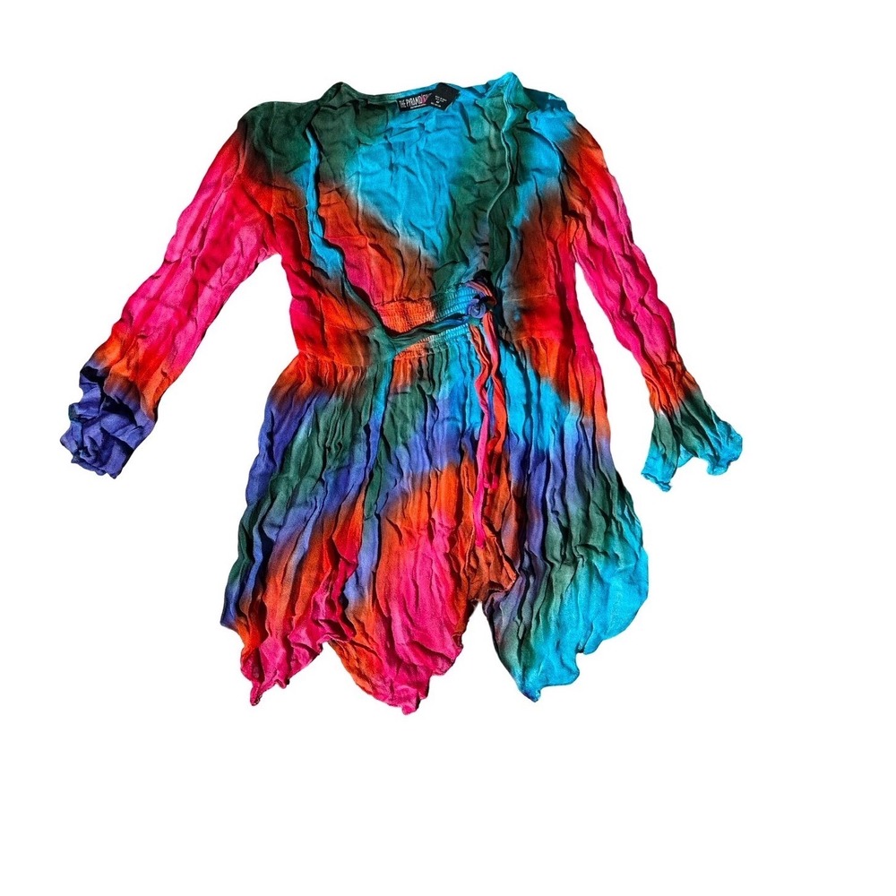 The Pyramid Collection Tie Dye Crinkle Tunic Top Rainbow Handkerchief Hem Medium